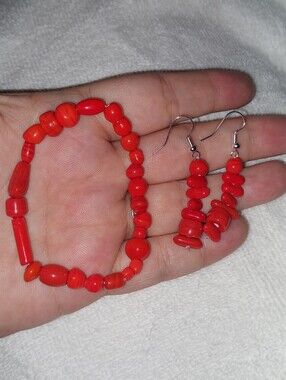 Red Glass Beaded Bracelet and Dangle Earrings Set - Women's Jewelry